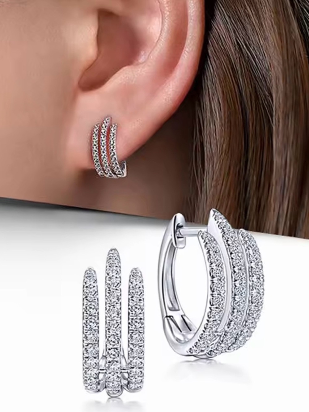 Triple Row Cubic Zirconia Hoop Earrings - new